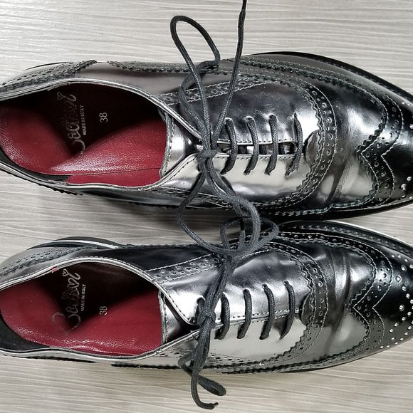 Baciami 9630 Platform Wingtip Oxford Black & Silver Leather Womens Size 8 - Picture 8 of 10